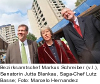 Bezirksamtschef Markus Schreiber, Senatorin Jutta Blankau, Saga-Chef Lutz Basse